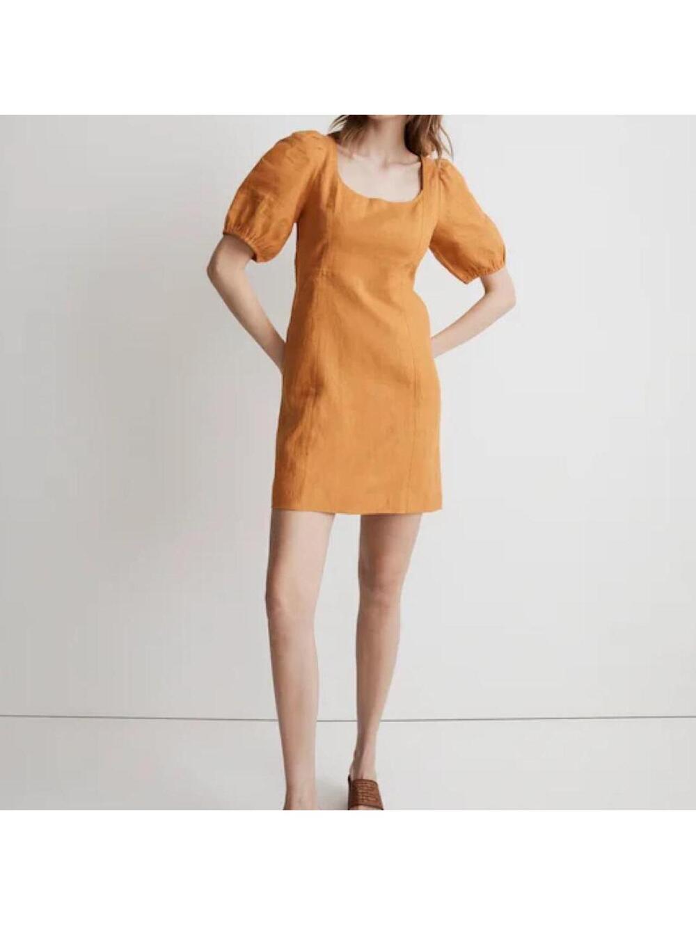 Madewell Maisie Mini Dress in a vibrant ochre orange linen